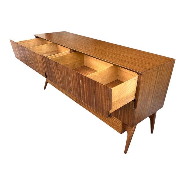 Mid-Century Modern Walnut Dresser With Sculpted Integrated Pulls and Splayed Legs” For Sale - Image 10 of 15