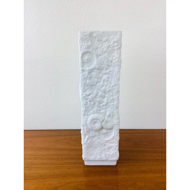 Vintage Kaiser Ammonites Fossil Vase tall square shape looks like embedded sea shel fossils matte white color made of...