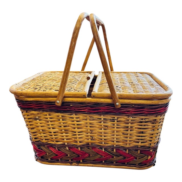 Vintage Wicker Picnic Basket With Grape Vine Motif & Folding Handles For Sale