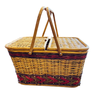 Vintage Wicker Picnic Basket With Grape Vine Motif & Folding Handles