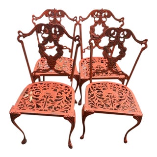 Set of 4 Vintage Orange Iron Garden Patio Chairs For Sale