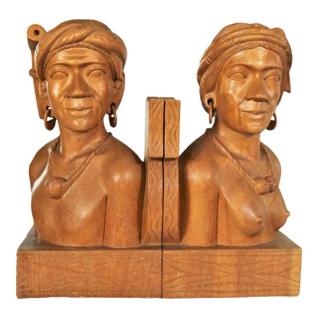 Hand Carved Wood Tribal Figural Male and Female Bookends - a Pair For Sale