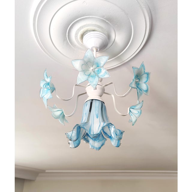 1980s Vintage Murano Style Glass Chandelier, 1980s Blue Floral Lamp, Small Italian Ceiling Light For Sale - Image 5 of 13