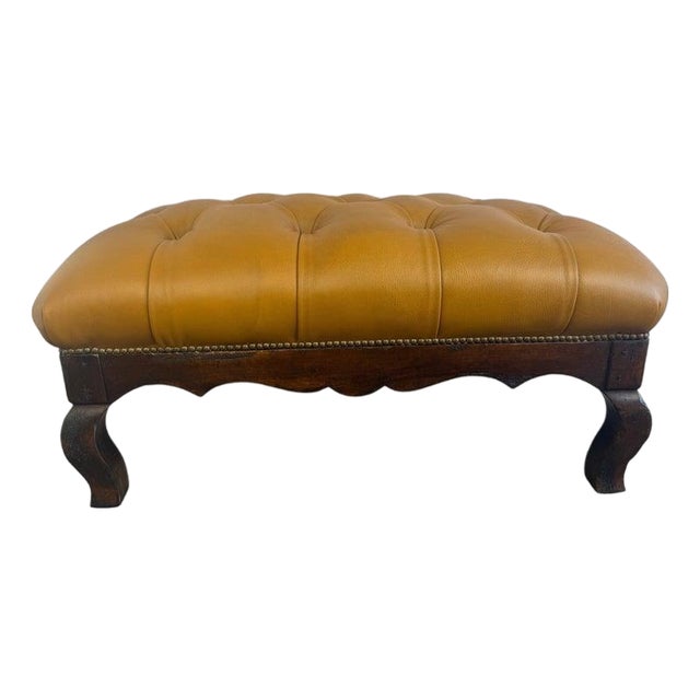 French Chesterfield Tufted Bench in Caramel Leather For Sale