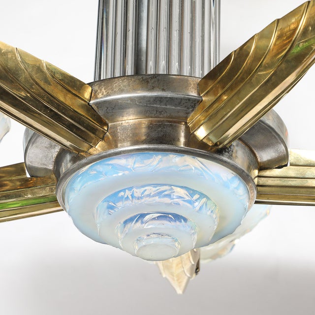 Art Deco Brass Petitot Chandelier W/ Glass Rods & Opalescent Glass Shades For Sale - Image 14 of 18