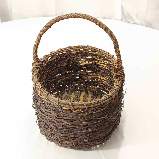 Brown Mid 20th Century Vintage Hand Woven Wicker Bird's Nest Twigs Oval Basket For Sale - Image 8 of 10