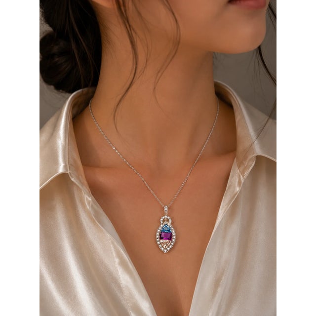 Modern Late 20th Century 14K White Gold Amethyst Topaz Sapphire Diamond Necklace Pendant For Sale - Image 3 of 3