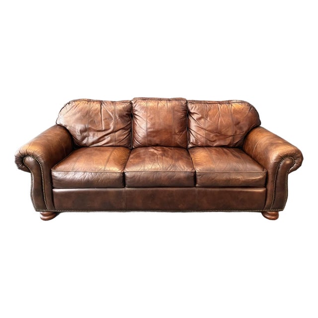 Thomasville Traditional Brown Leather Sofa For Sale