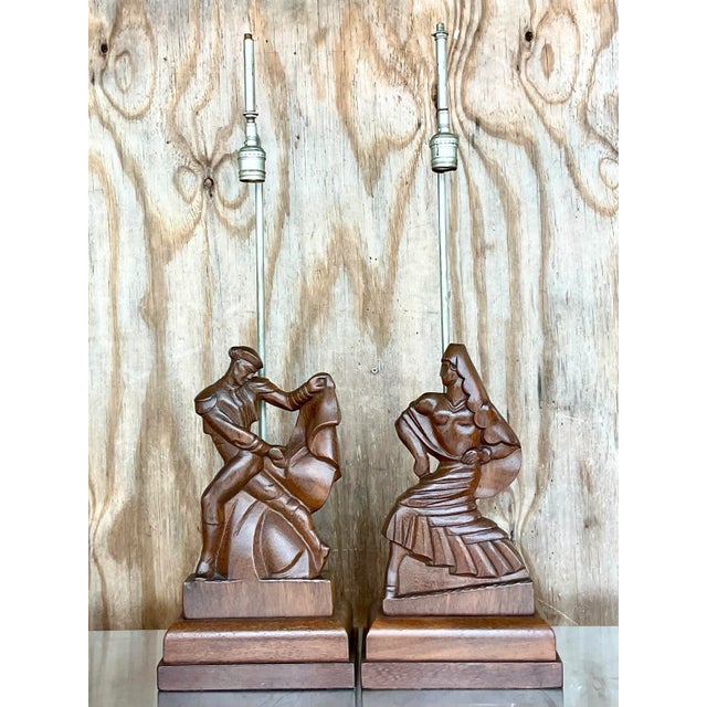 Mid-Century Modern Vintage Mid-Century Heifetz Hand-Carved Dancer Table Lamps – A Pair For Sale - Image 3 of 12