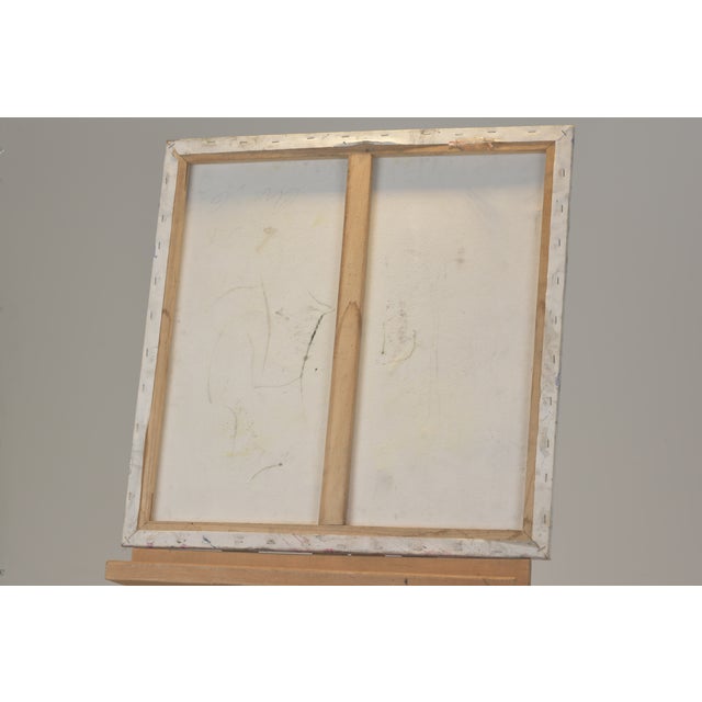 Two abstract figures face each other in the center of the painting. Oil on canvas, illegibly signed.