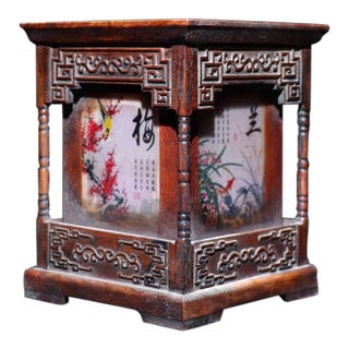 1960s Carved Hardwood Square Brush Pot, Chinoiserie Four Gentlemen Pen Holder For Sale