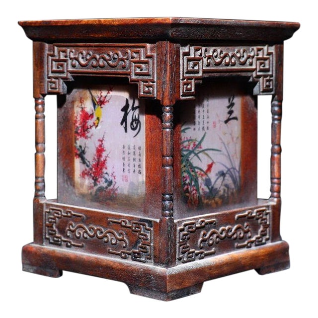 1960s Carved Hardwood Square Brush Pot, Chinoiserie Four Gentlemen Pen Holder For Sale