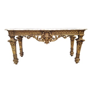 Antique Rococo Style Carved Giltwood & Marble Top Console Table For Sale