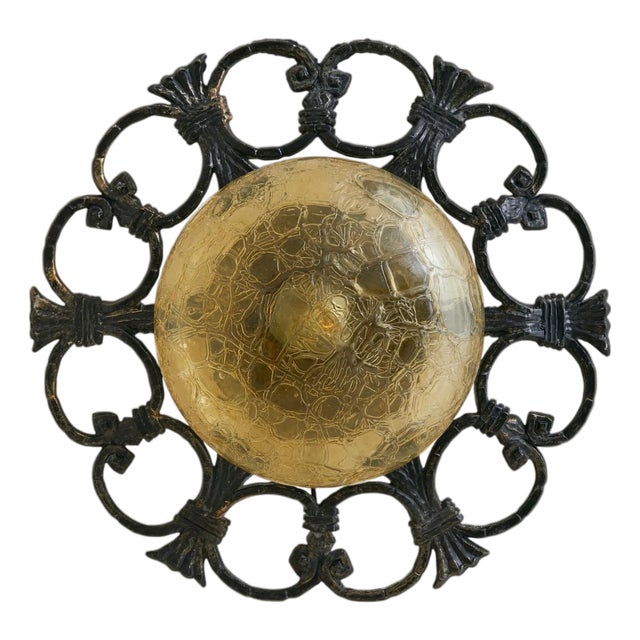 Italian Verdigris Iron + Amber Glass Sconce or Flush Mount, 1970s - 3 Available For Sale