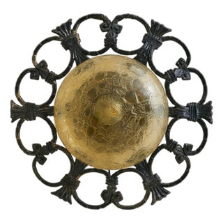 Italian Verdigris Iron + Amber Glass Sconce or Flush Mount, 1970s - 6 Available For Sale