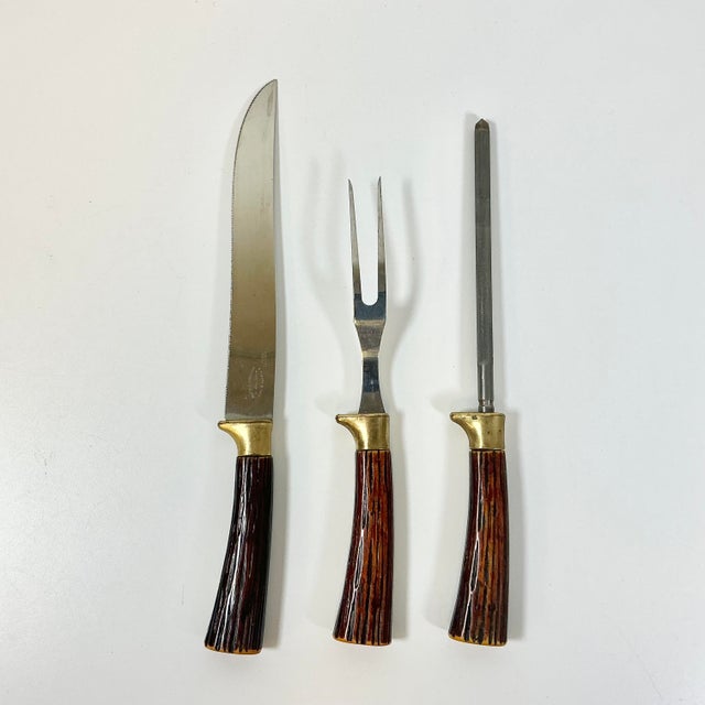 Metal 1950s Vintage Sheffield English Rustic European Faux Stag Horn Cutlery - Set of 3 For Sale - Image 7 of 10