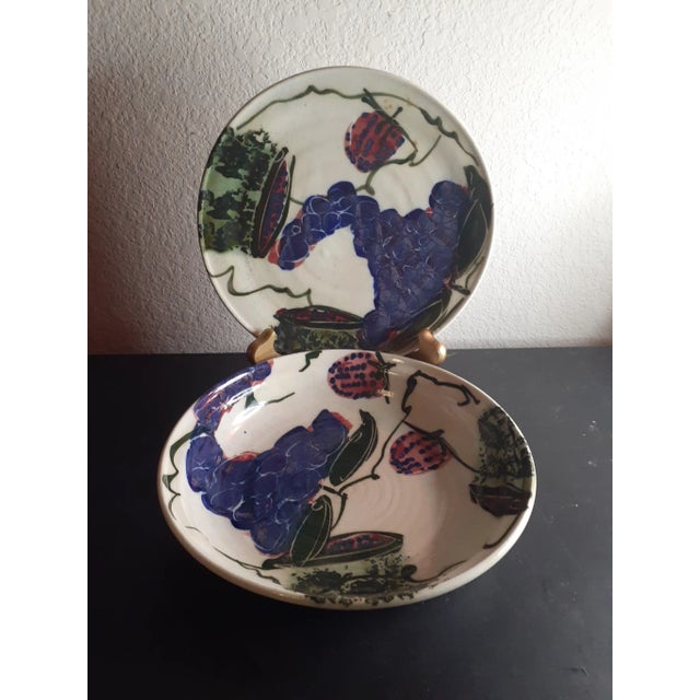 1990s Artist Signed Art Studio Pottery Set of Bowl & Plate Set- 2 Pieces For Sale - Image 4 of 7