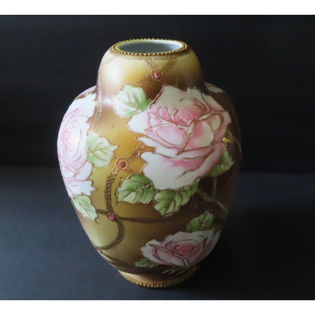Antique Nippon Vase - Pink Roses & Gold Rope | Chairish
