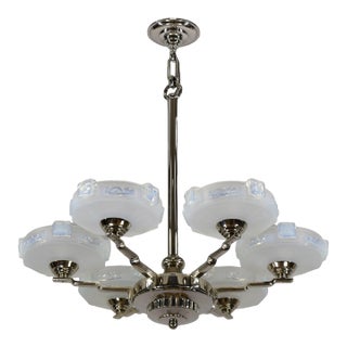 Ejg Ezan & H. Renon French Art Deco Modernist Nickeled Bronze & Opalescent Glass Chandelier 1930s - 2 Available For Sale