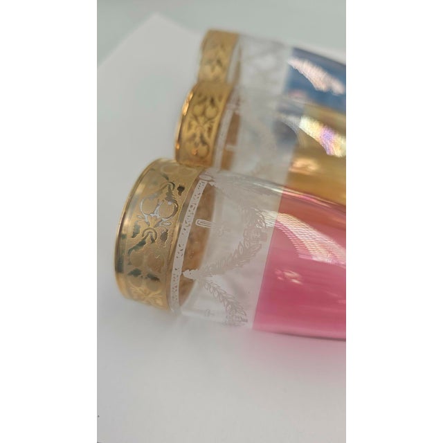 Murano glass champagne glasses, set of six, with gold rims, multicolored, 1970s–80s. dDimensions: height 21.2 cm, top...