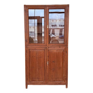 19th Century Large & Narrow Cupboard or Bookcase with Glass Vitrine, Pine For Sale