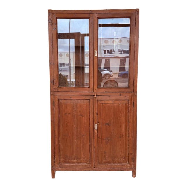 19th Century Large & Narrow Cupboard or Bookcase with Glass Vitrine, Pine For Sale