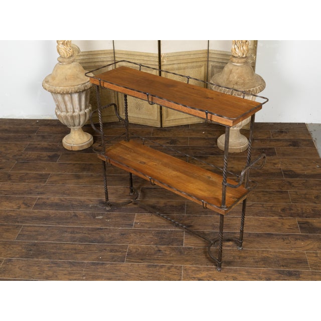 American Midcentury Metal and Wood Two-Tiered Shelving Unit with Twisted Motifs For Sale - Image 10 of 12