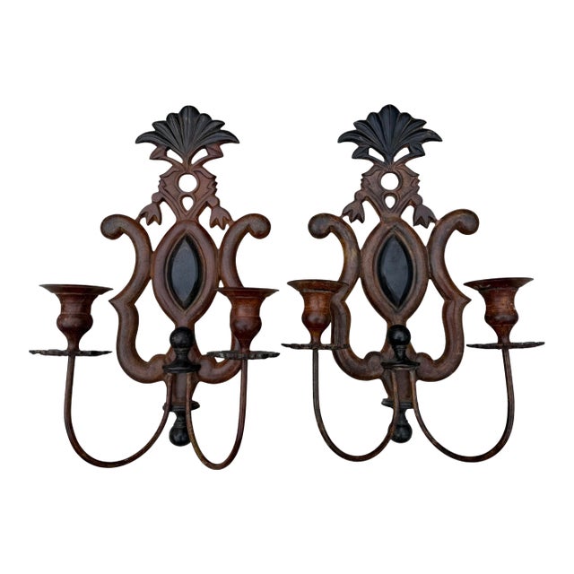 Antique Spanish Revival Cast Iron Double Arm Wall Sconces, a Pair For Sale