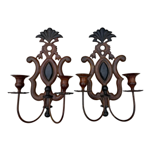 Antique Spanish Revival Cast Iron Double Arm Wall Sconces, a Pair