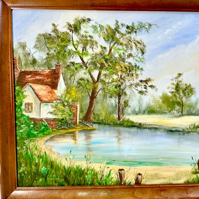 1983 Vintage Impressionist Boho Chic Original Oil Painting, Lake House by Donna Semm For Sale - Image 12 of 14