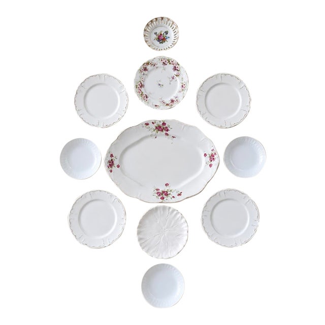 Vintage Plate Wall Haviland Limoges, Floral & White Porcelain - Set of 11 For Sale