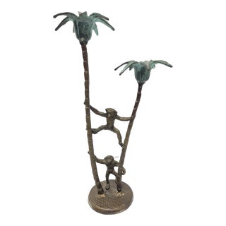 Vintage Brass or Bronze Monkey Hanging on Palm Tree Taper Candlestick Holder For Sale