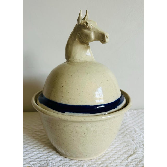Shabby Chic Vintage 1990 Unique Studio Pottery Stoneware Horses Head Covered Serving Dish For Sale - Image 3 of 11
