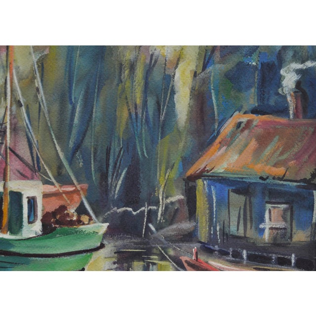 American 1940's Fishing Boats Landscape by Cora Alice Akers Wright For Sale - Image 3 of 5