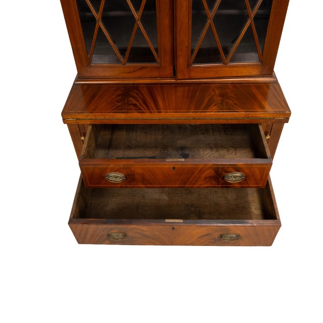 Late 19th Century Flame Mahogany Secretary Desk Bookcase, Antique Drop Front Desk For Sale - Image 14 of 18