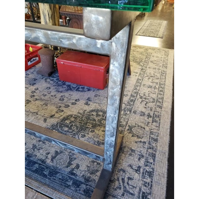 Contemporary Modern Style Brushed Steel Truss Base Glass Top Elongated Raised Rectangular Table (20th./21st Century) For Sale - Image 10 of 11