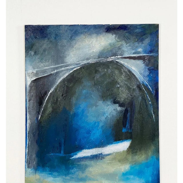 Large and brilliant study of a coastal arch bridge in blues by Krell, circa 1950.