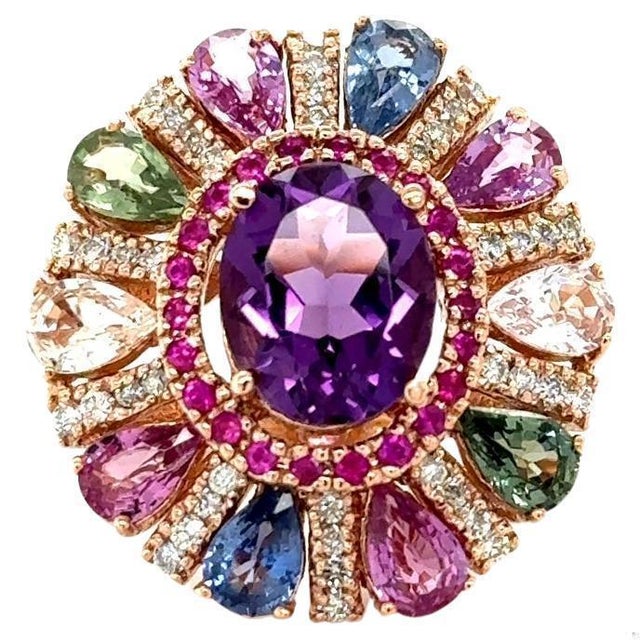 7.87 Carat Natural Amethyst Sapphire and Diamond Rose Gold Cocktail Ring, Size 7 For Sale - Image 4 of 8