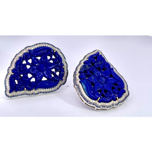 Ink Blue 1980s Carved Lapis Lazuli Pierced Earrings, A Pair For Sale - Image 8 of 12