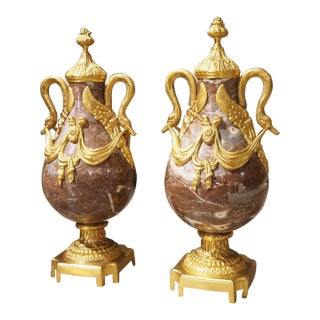 Pair of Circa 1885 Louis XVI Style French Gilt Bronze Mounted Marble Cassolettes For Sale