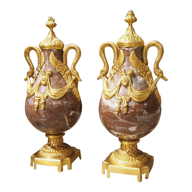 Pair of Circa 1885 Louis XVI Style French Gilt Bronze Mounted Marble Cassolettes For Sale