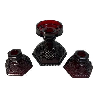 Vintage Avon 1876 Cape Cod Ruby Red Glass Candle Holder Set – 3 Pieces (Hurricane Base & Short Candlesticks) For Sale