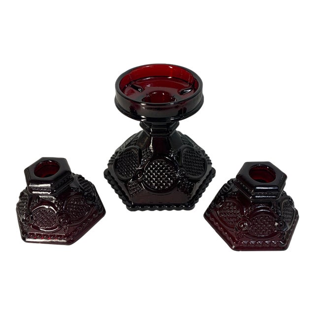 Vintage Avon 1876 Cape Cod Ruby Red Glass Candle Holder Set – 3 Pieces (Hurricane Base & Short Candlesticks) For Sale
