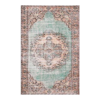 1970s Vintage Turkish Handmade Wool Cotton Green Area Rug For Sale