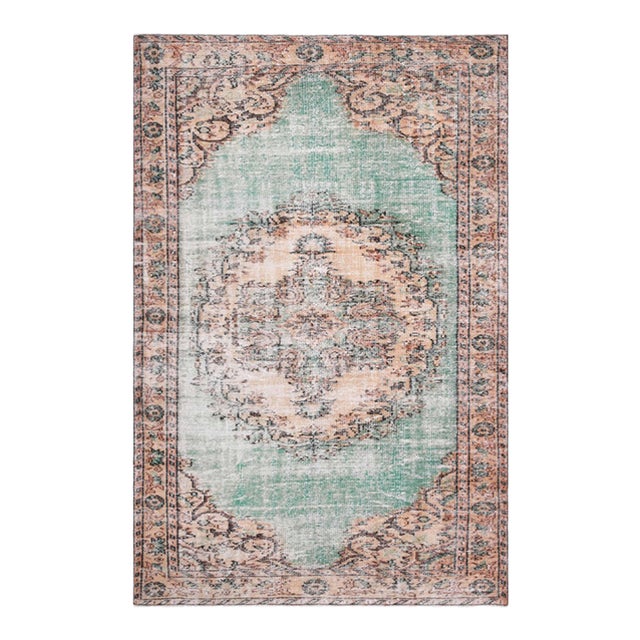 1970s Vintage Turkish Handmade Wool Cotton Green Area Rug For Sale