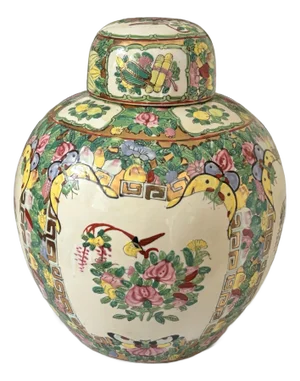 1980s Canton Rose Chinese Export Lidded Ginger Jar