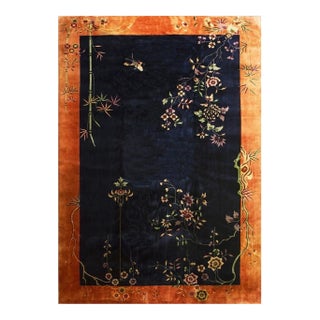 1920s Navy Blue Floral Minimalist Antique Chinese Art Deco Wool Rug 9' 8" X 14' For Sale