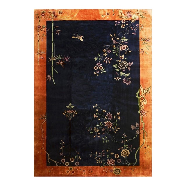 1920s Navy Blue Floral Minimalist Antique Chinese Art Deco Wool Rug 9' 8" X 14' For Sale
