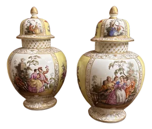 Late 19th Century Impressive Large Pair of Dresden Lidded Jars - Helena Wolfsohn