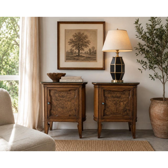 Wood Harold Schwartz for Romweber Demilune Pecan Three-Leg End Tables / Nightstands- A Pair For Sale - Image 7 of 13